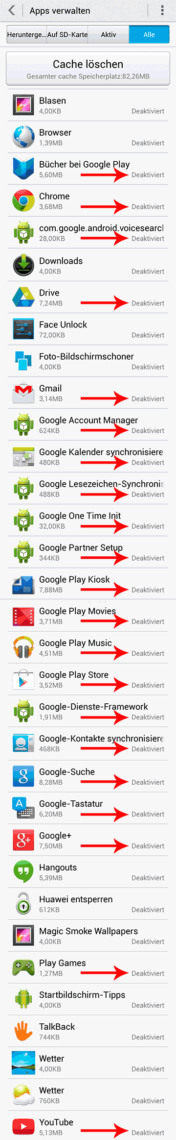 deaktivierte Google-Apps